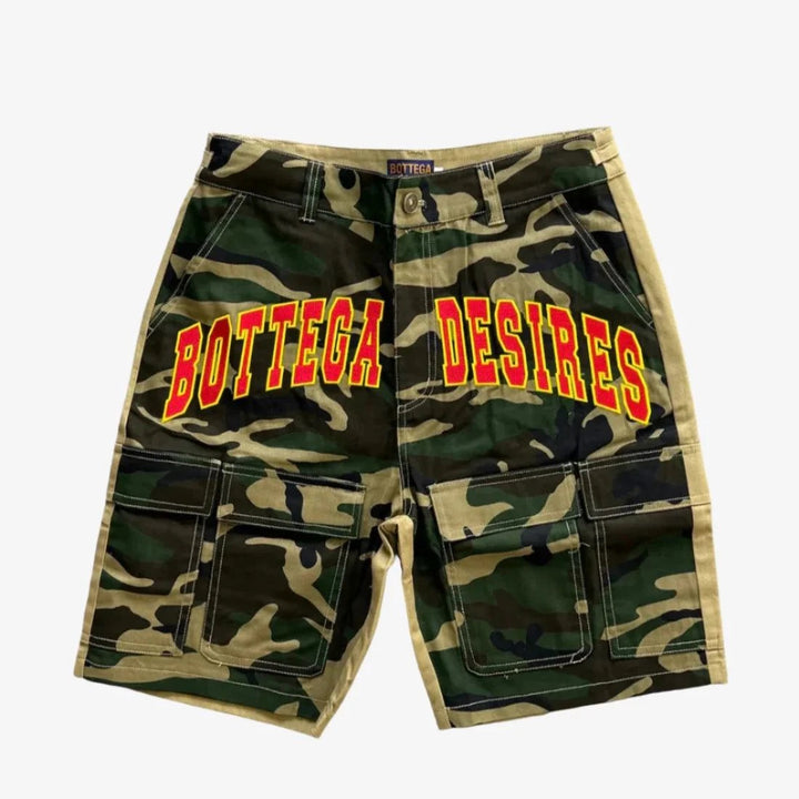 BOTTEGA DESIRES CAMO CARGO SHORTS