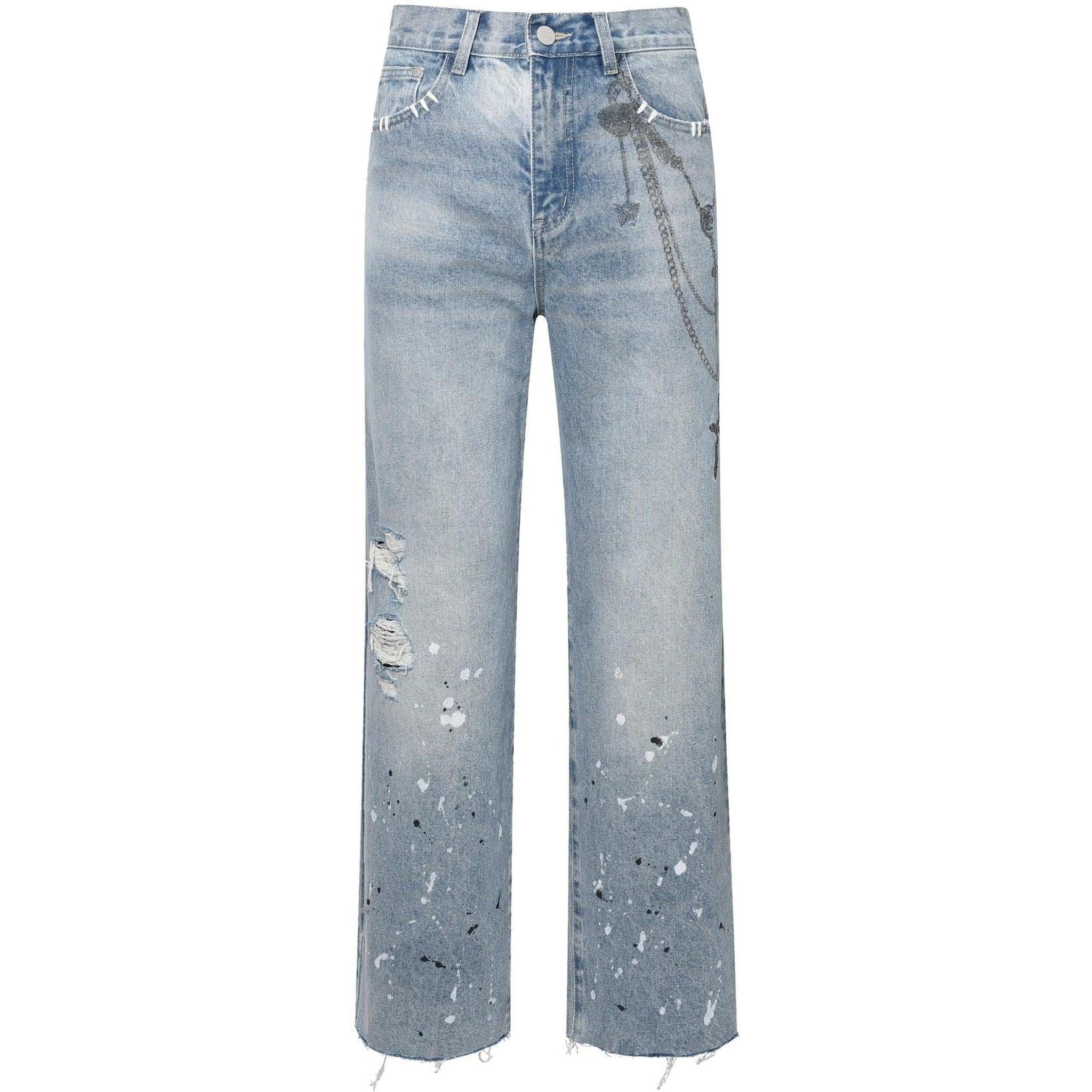 Birth Of Royal Child Printed Cross Chains Washed Denim Pants Blue