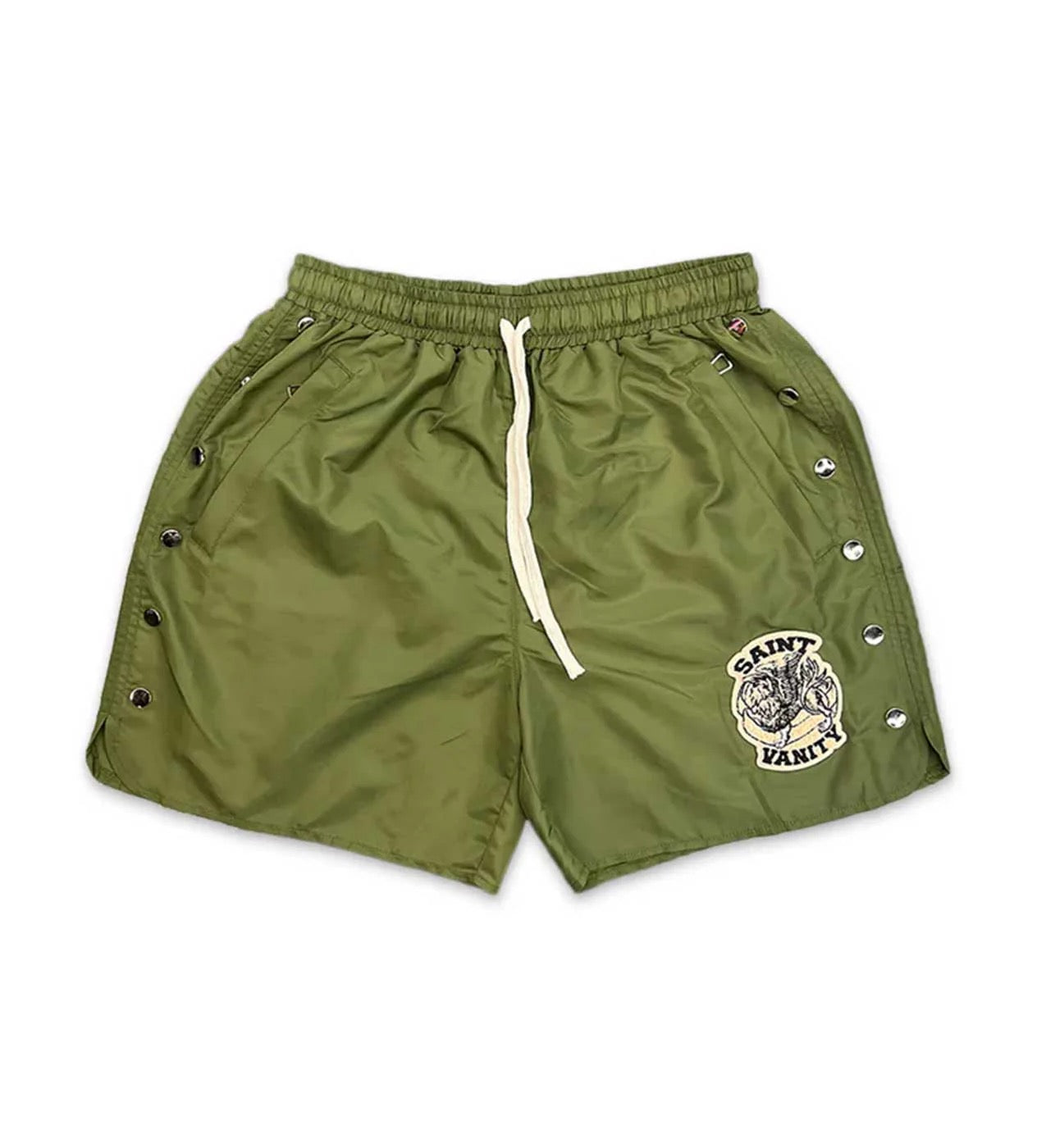 Saint Vanity Nylon Logo Button Shorts Olive